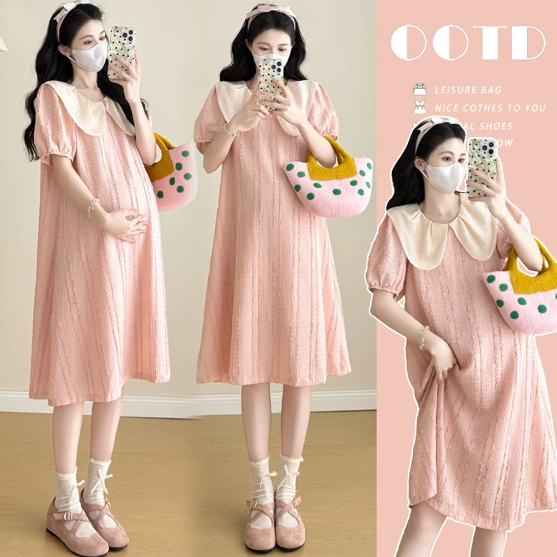 2025孕妇夏季新款甜美时尚娃娃领肌理感减龄短袖连衣裙夏天裙子