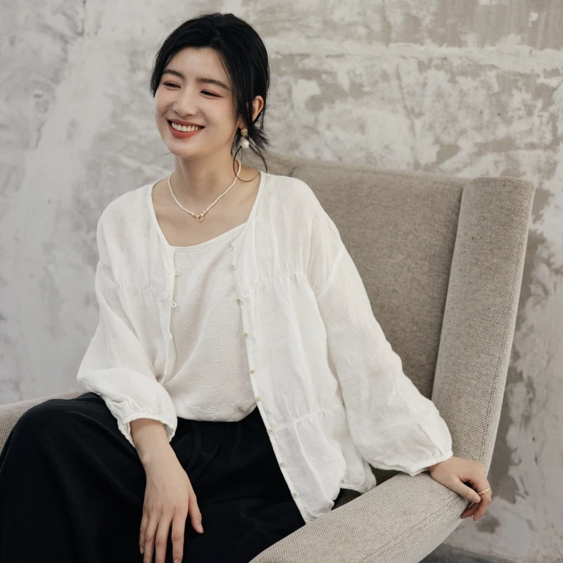 酵素洗进口亚麻复古长袖小衫