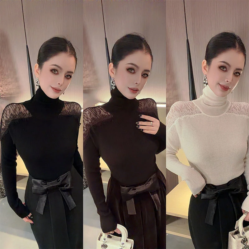 高领蕾丝拼接长袖针织上衣CS31354