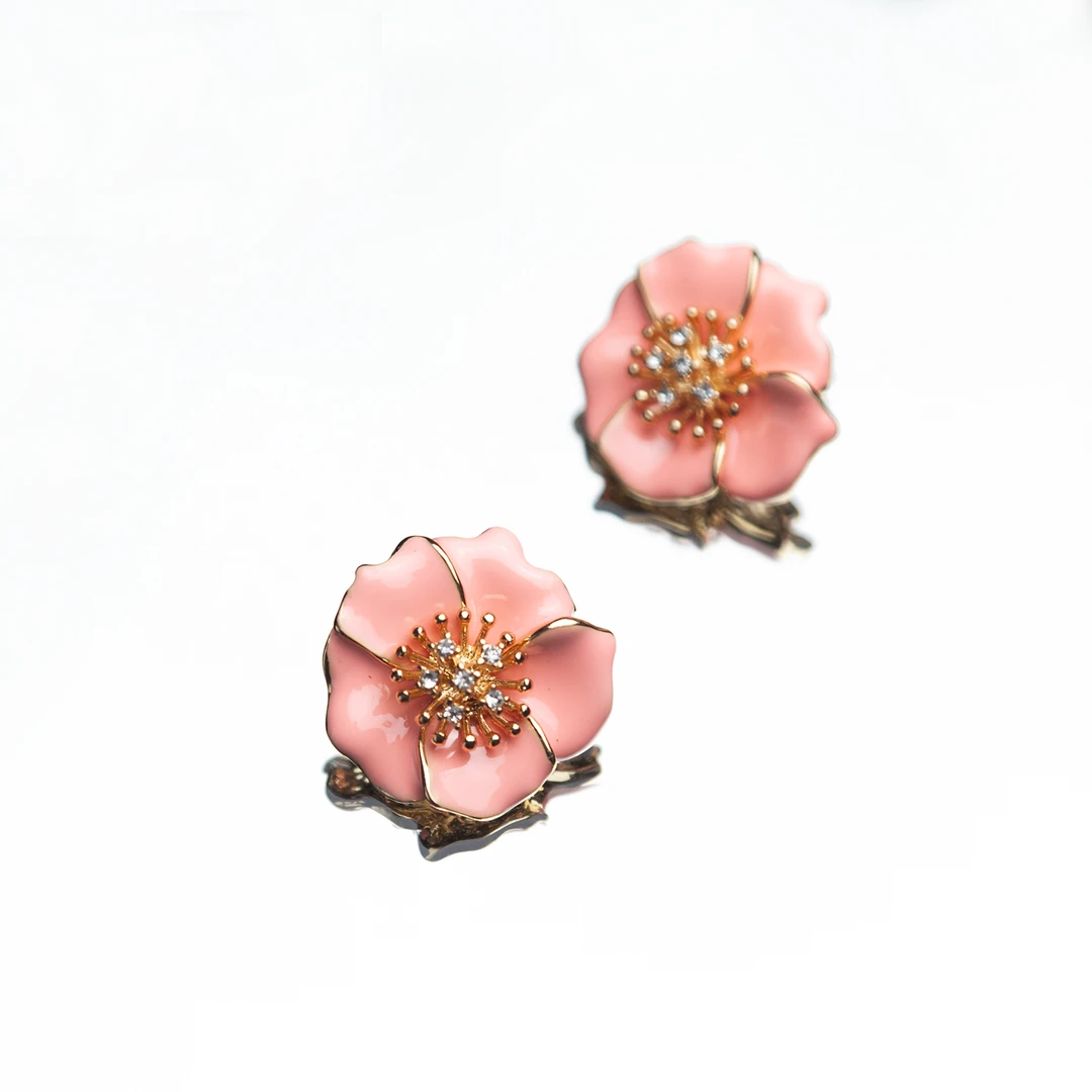 铜合金仿水晶耳饰  【六丑】新款气质中古粉色花朵耳环402ARH0071