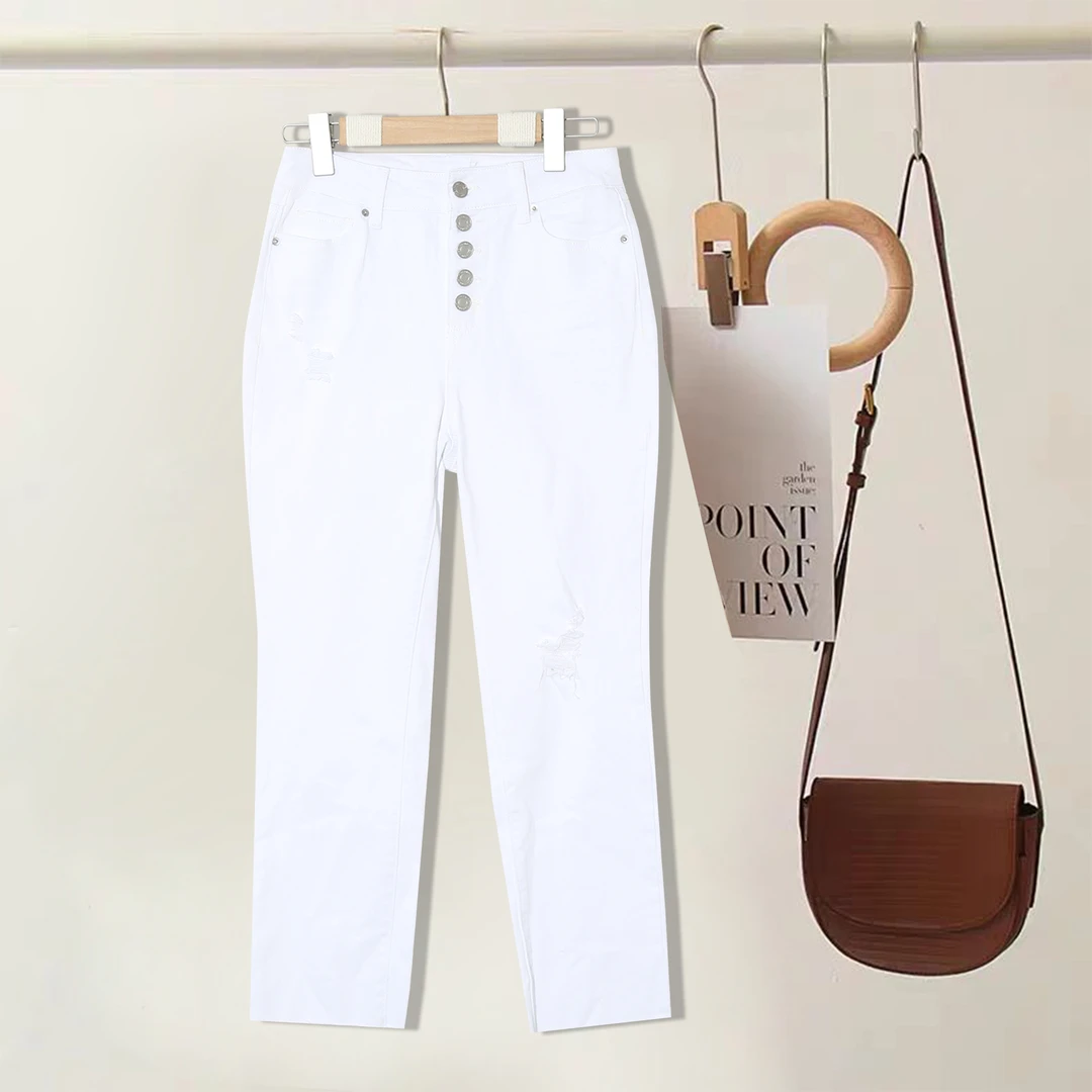 百搭女款牛仔裤设计感破洞九分裤春秋季复古水洗休闲修身P-N77