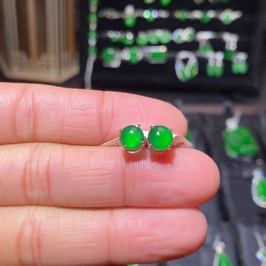 银S925镶嵌翡翠耳饰蛋面耳钉