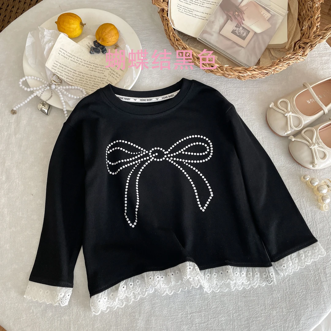2025春秋女童新款简约圆领花边蕾丝蝴蝶结打底卫衣