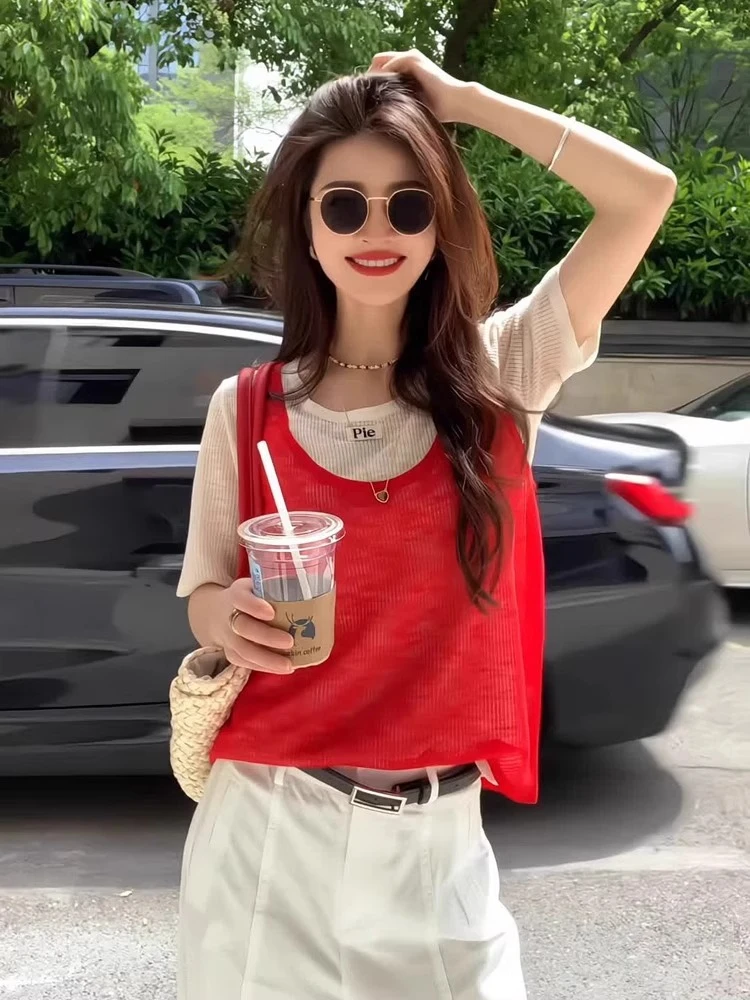 别致超好看短袖T恤女撞色设计感拼接百搭上衣夏日不规则甜辣T恤女