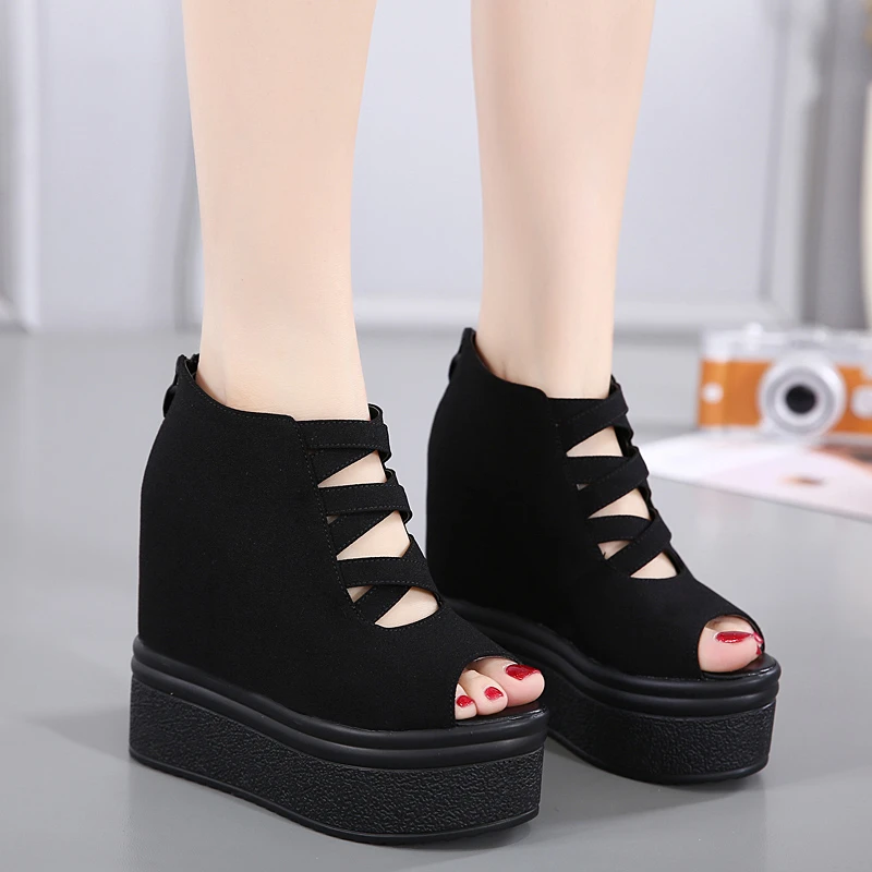 鱼嘴镂空防水台高跟鞋欧美夏季松糕厚底坡跟凉鞋女内增百搭高女鞋