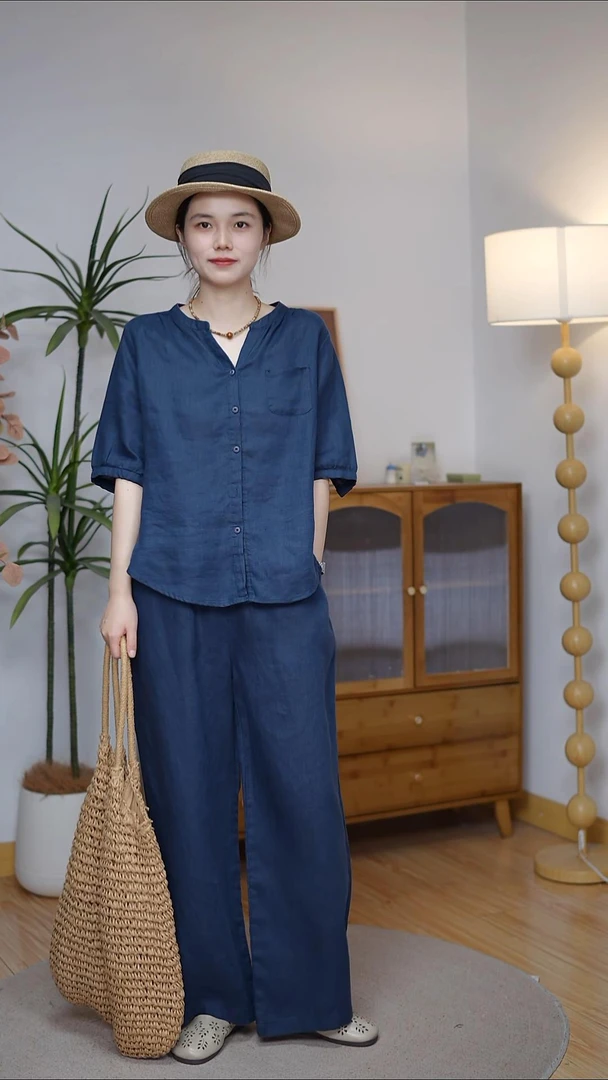 （纯亚麻）套装 亚麻上衣+裤垂 自然皱 通勤休闲