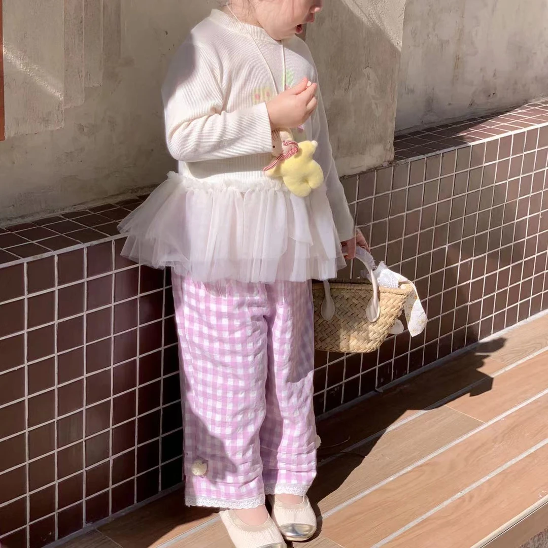 女童紫色格子花边休闲裤（AH-2105-春秋）