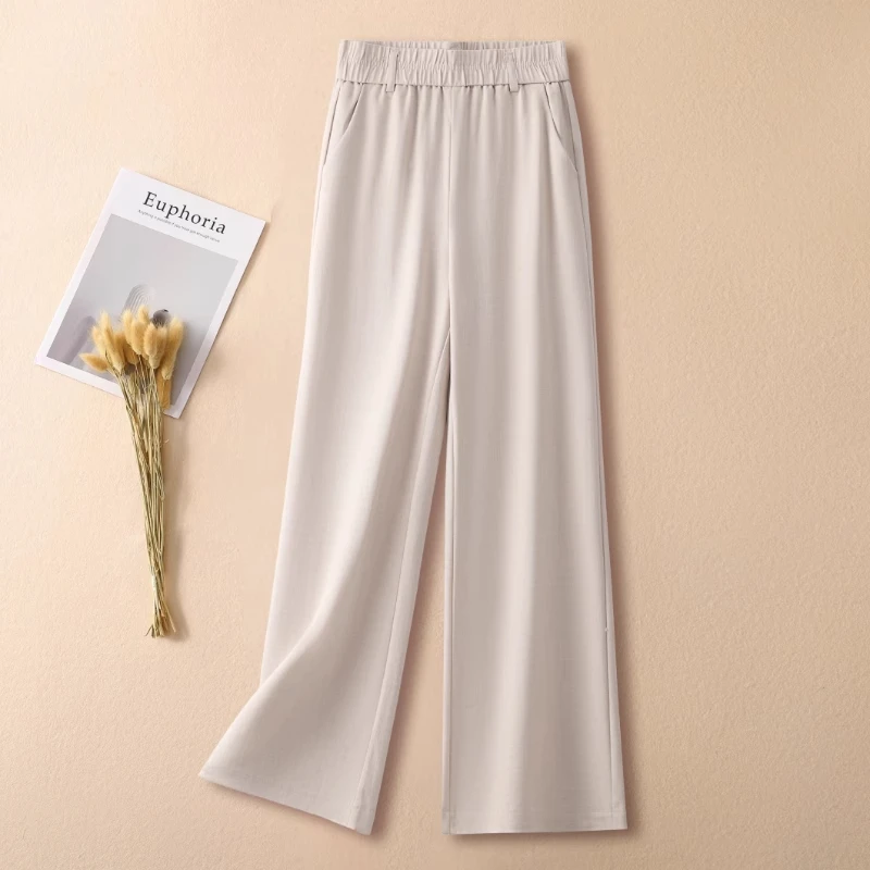 拉夏贝尔窄版休闲阔腿裤女2025春秋新款松紧腰小个子九分直筒裤