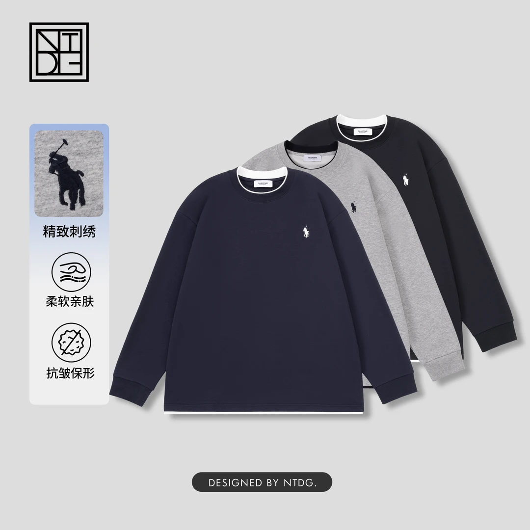 NTDG-ONE/南通大个秋季时尚百搭战马刺绣圆领假两件长袖卫衣91070