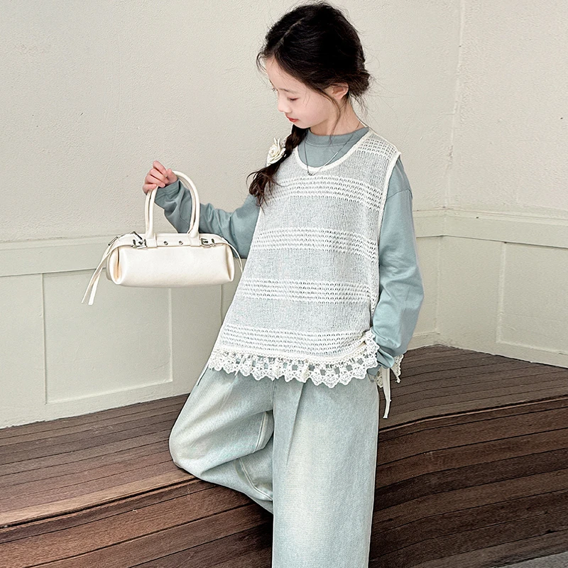女童韩版套装春秋2025新款女大童蕾丝花边马甲洋气儿童学院穿搭