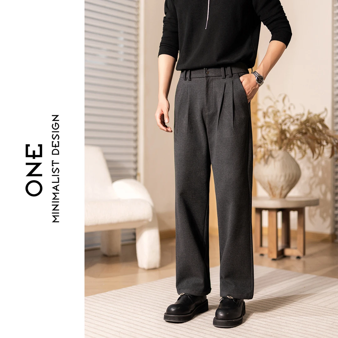 秋冬极简风男士高腰直筒休闲裤男宽松百搭长裤老钱风高级感毛呢裤