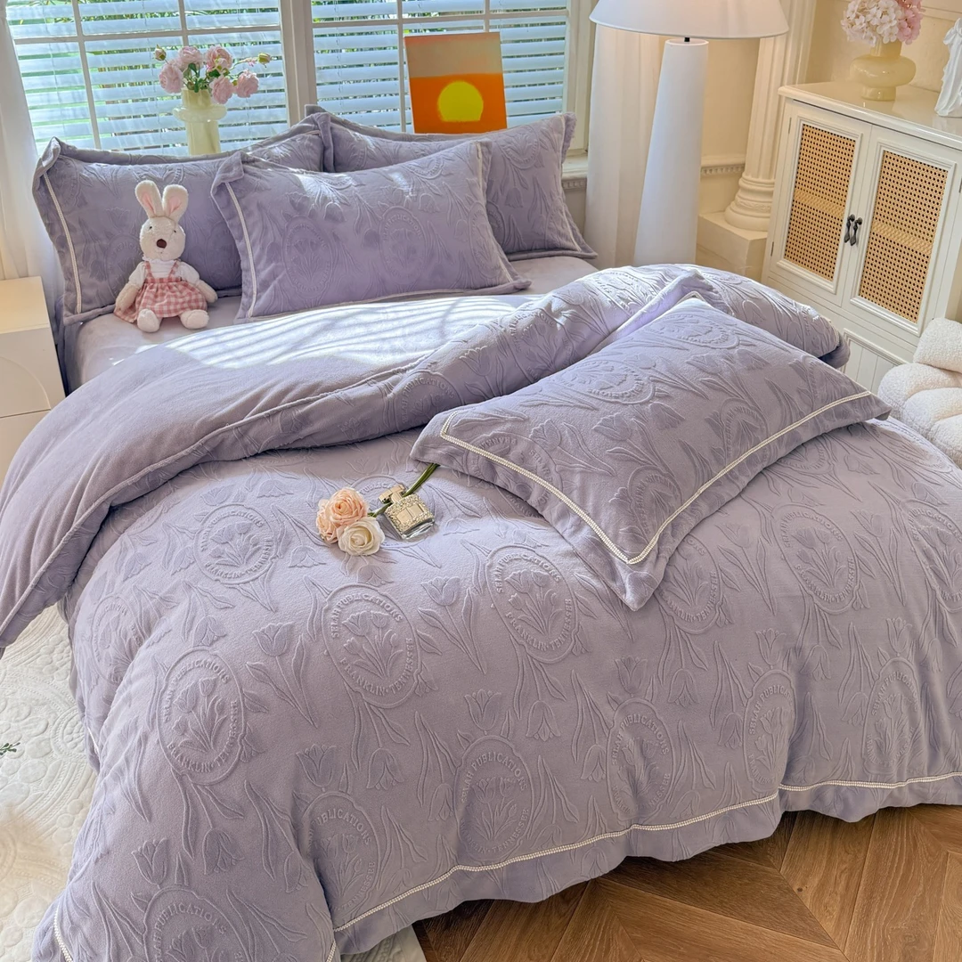 立体雕花绒织带四件套双面绒牛奶绒被套床单床笠加厚印花毛绒床品