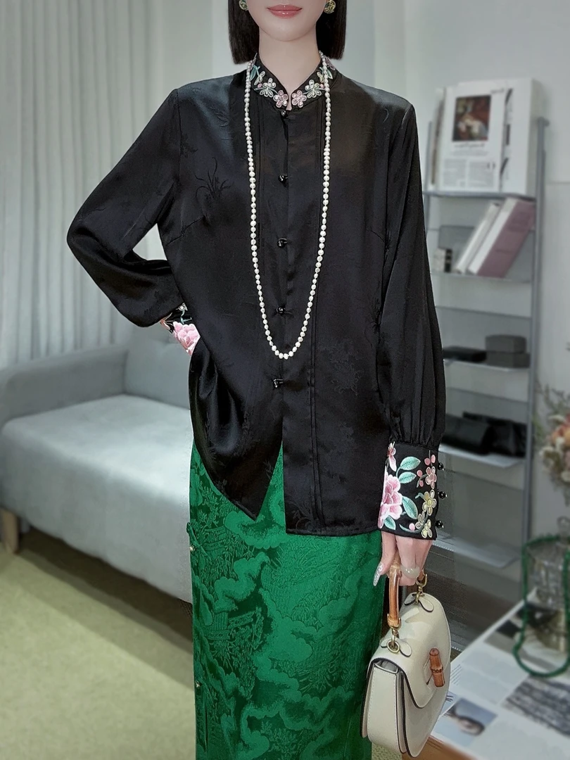花朵长款新中式常规立领刺绣衬衫斜襟衬衣2319黑色