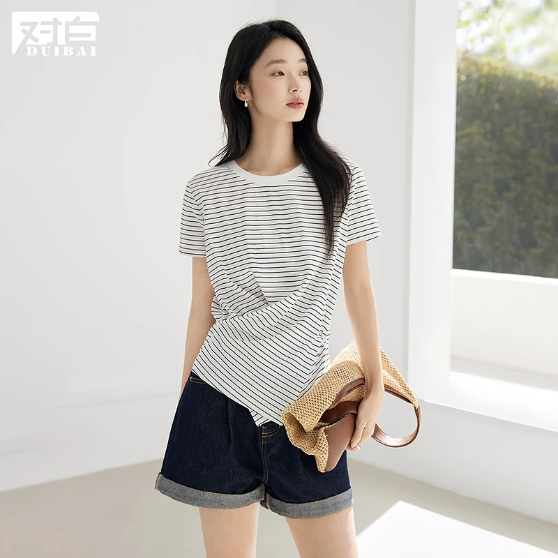 【陈西贝专属】D01对白复古设计感条纹扭结T恤圆领短袖上衣FDT075
