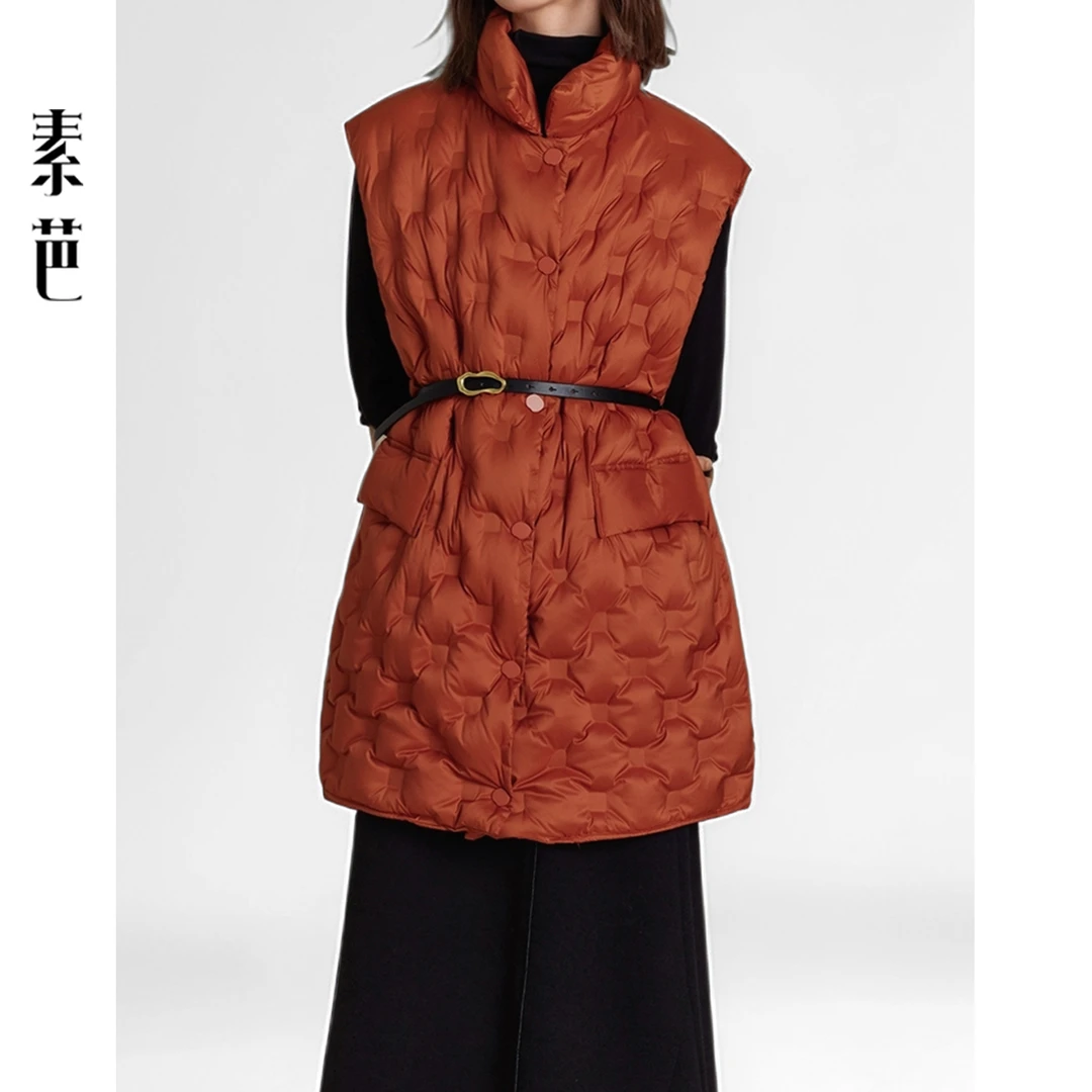 素芭复古腰带式羽绒马甲女冬季高级感立体时尚保暖休闲外套SV0876