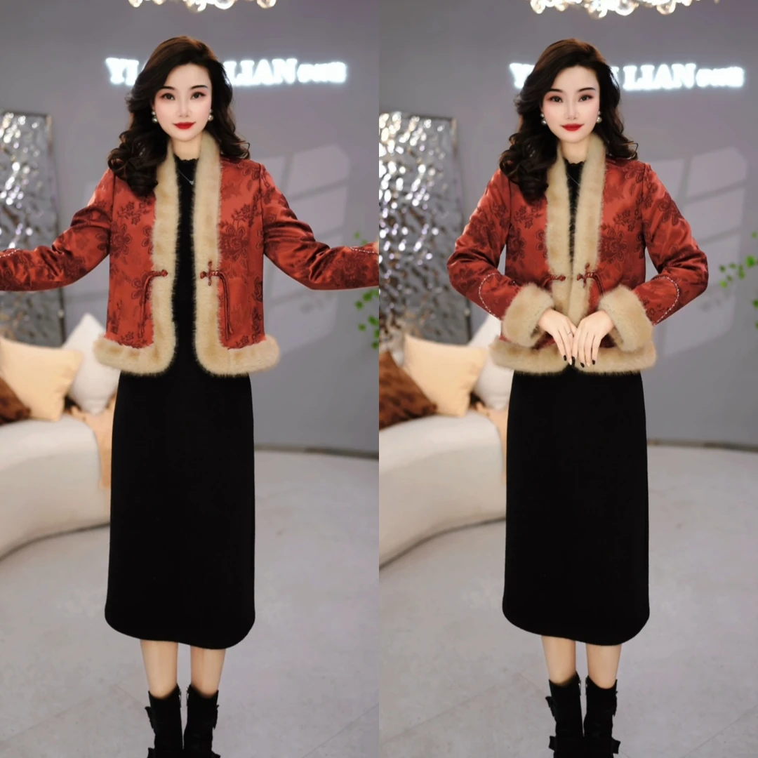 外套+连衣裙 2025冬季新中式带毛领贵气轻奢国风提花套装裙M-4XL