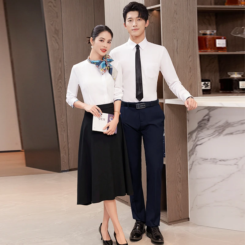 蝴蝶结长袖衬衣女酒店美容院服务员工作服餐饮前台职业衬衫套裙新