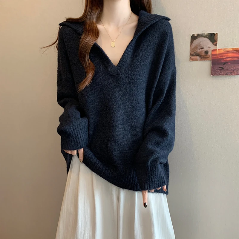 慵懒风翻领毛衣针织衫女秋冬大码胖mm宽松显瘦遮肚打底衫长袖上衣