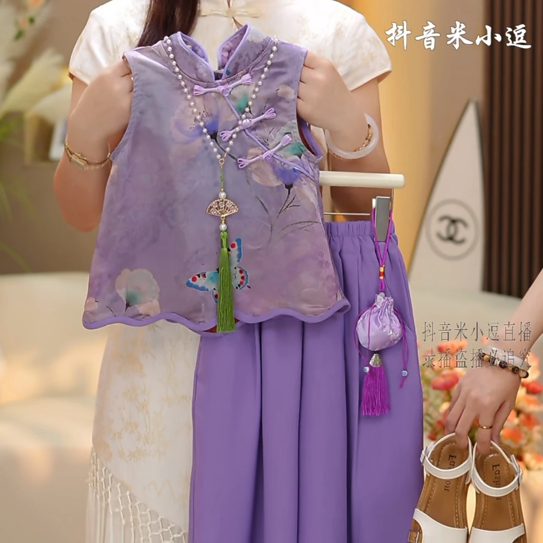 米小逗女童国风2025薄款套装夏季紫色新中式中国风裙裤时髦k063