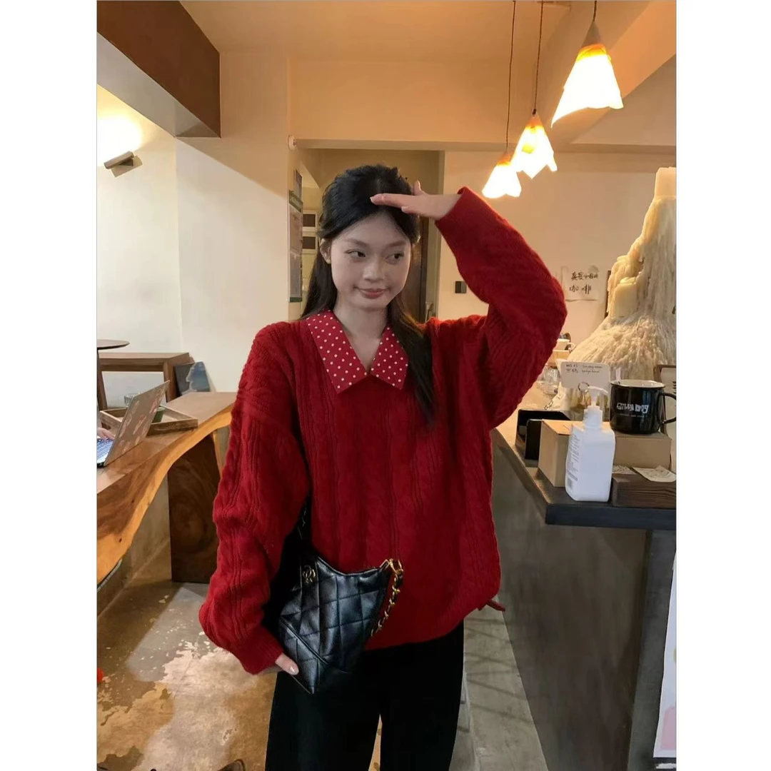 红色波点假两件Polo领套头宽松显瘦针织衫毛衣冬季新款百搭上衣