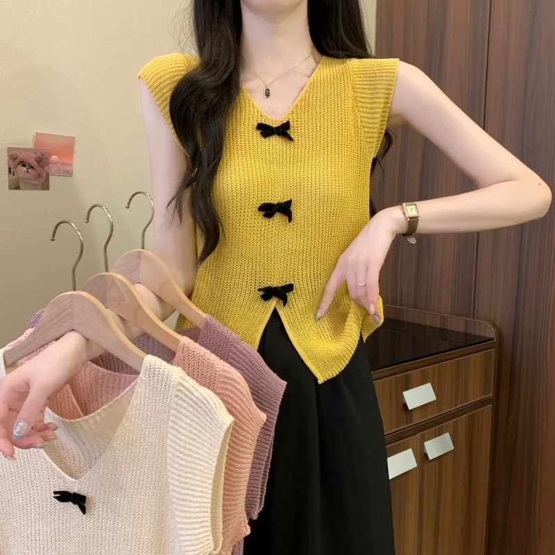 2025夏季新款小众设计感别致立体蝴蝶结黄色开叉V领冰丝针织小衫