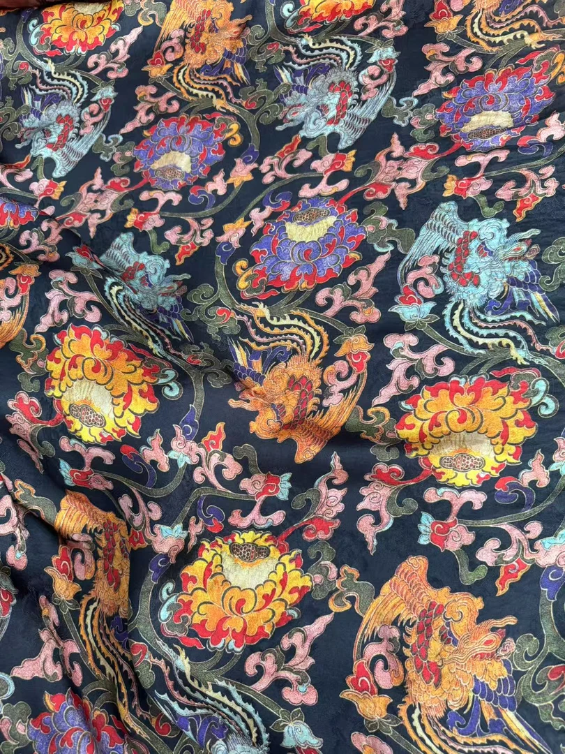 (墨蓝金凤)新中式国风面料香云纱布料