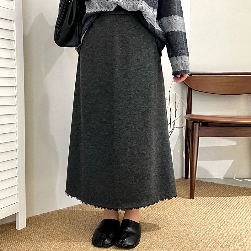 大码女装松紧直筒a字裙拼接花边半裙2025秋胖mm百搭半身裙NQ1269