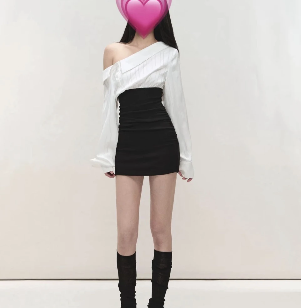 【心跳乐章】撞色拼接斜肩衬衫连衣裙女修身辣妹性感包臀短裙