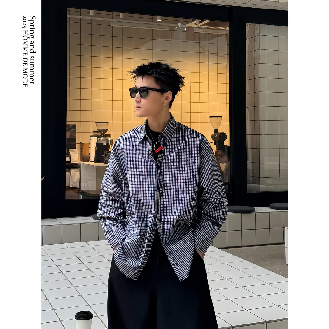 HOMME DE MODE “会呼吸的黑白格纹”撞色压胶印花全棉艺术长袖衬衫