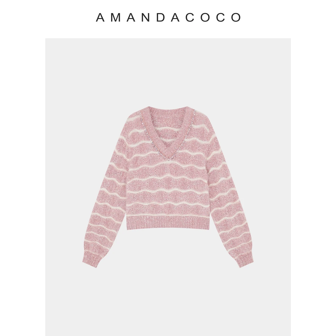 温柔叙事～25秋冬重工串钻v领亮丝条纹气质感长袖毛衣