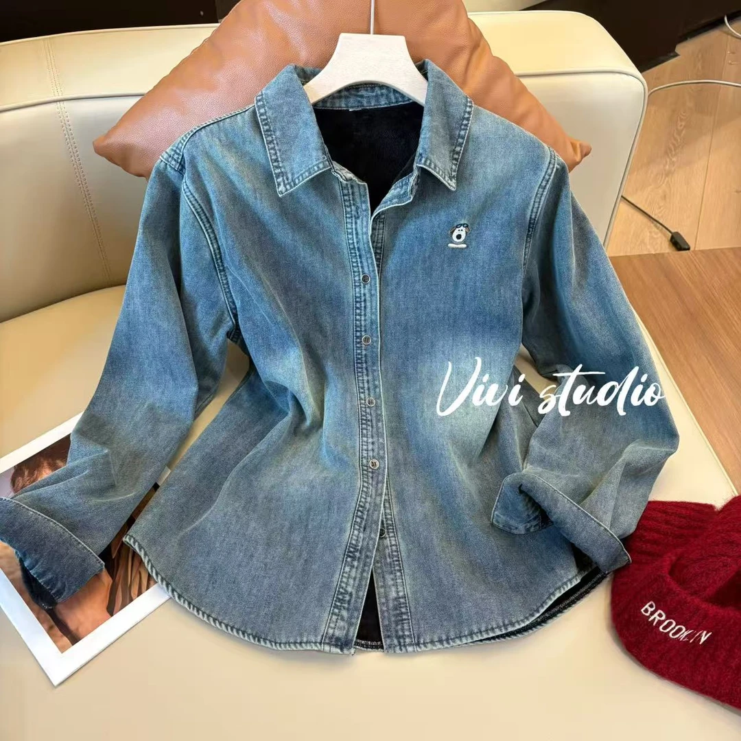 【曼城旧事】冬季新款加绒加厚洋气叠穿休闲宽松复古牛仔衬衫C1510