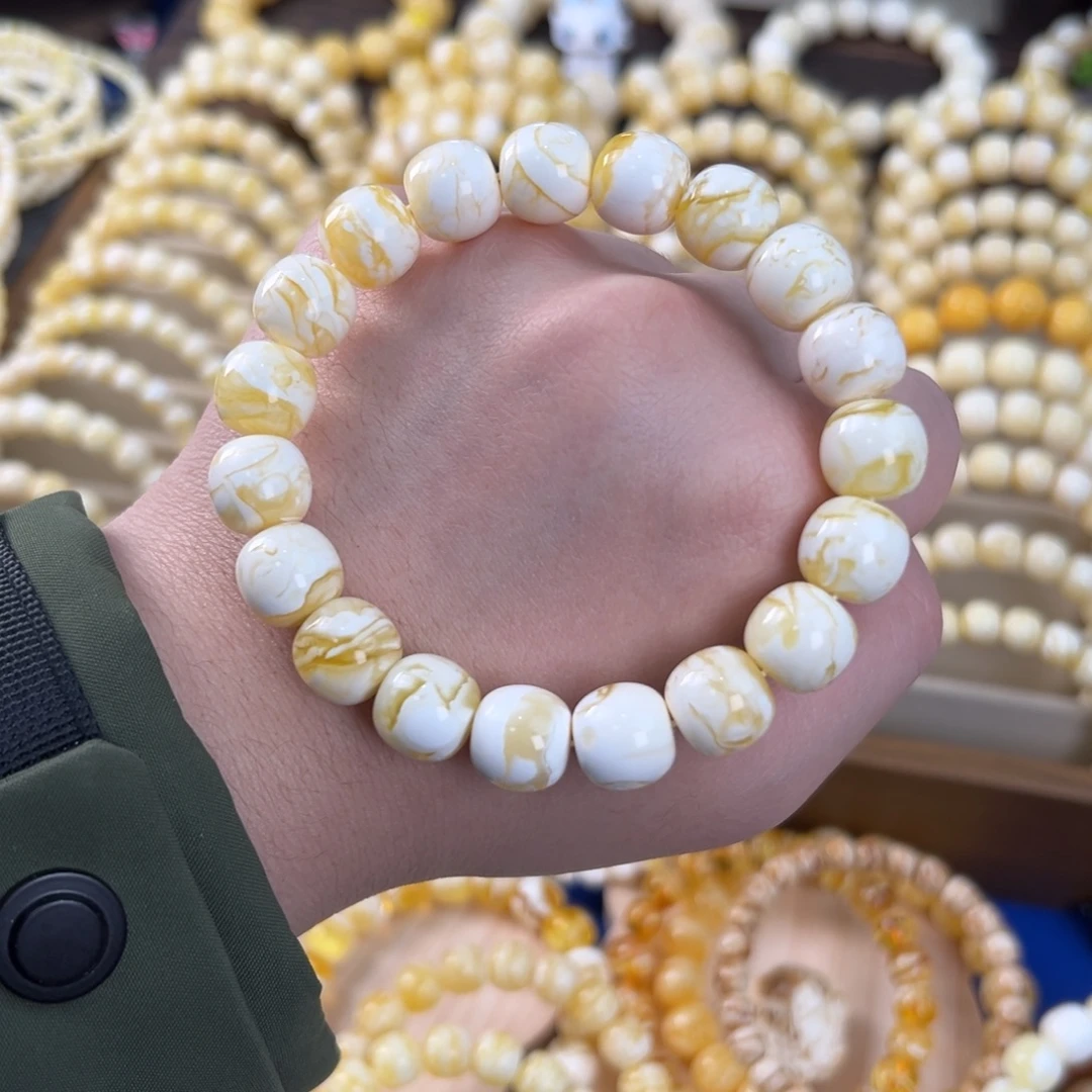 琥珀未镶嵌手串12mm瓷白虎皮闪电纹