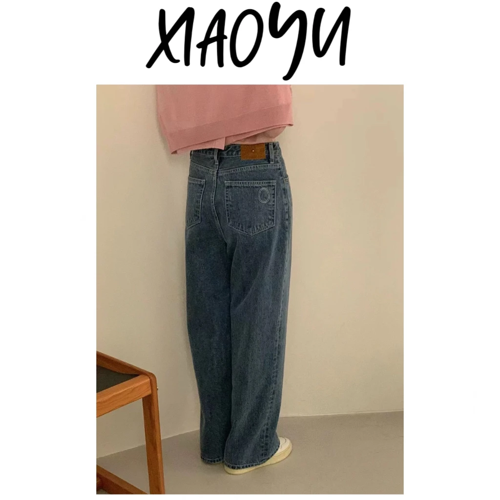 【蛋蓝牛】H韩系设计感刺绣高腰阔腿牛仔裤休闲显瘦加绒牛仔