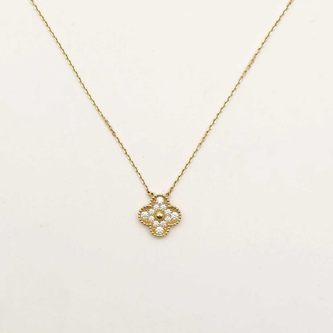 99新 梵克雅宝 【念念】中号单花项链 满钻 18K黄金/钻石 项链