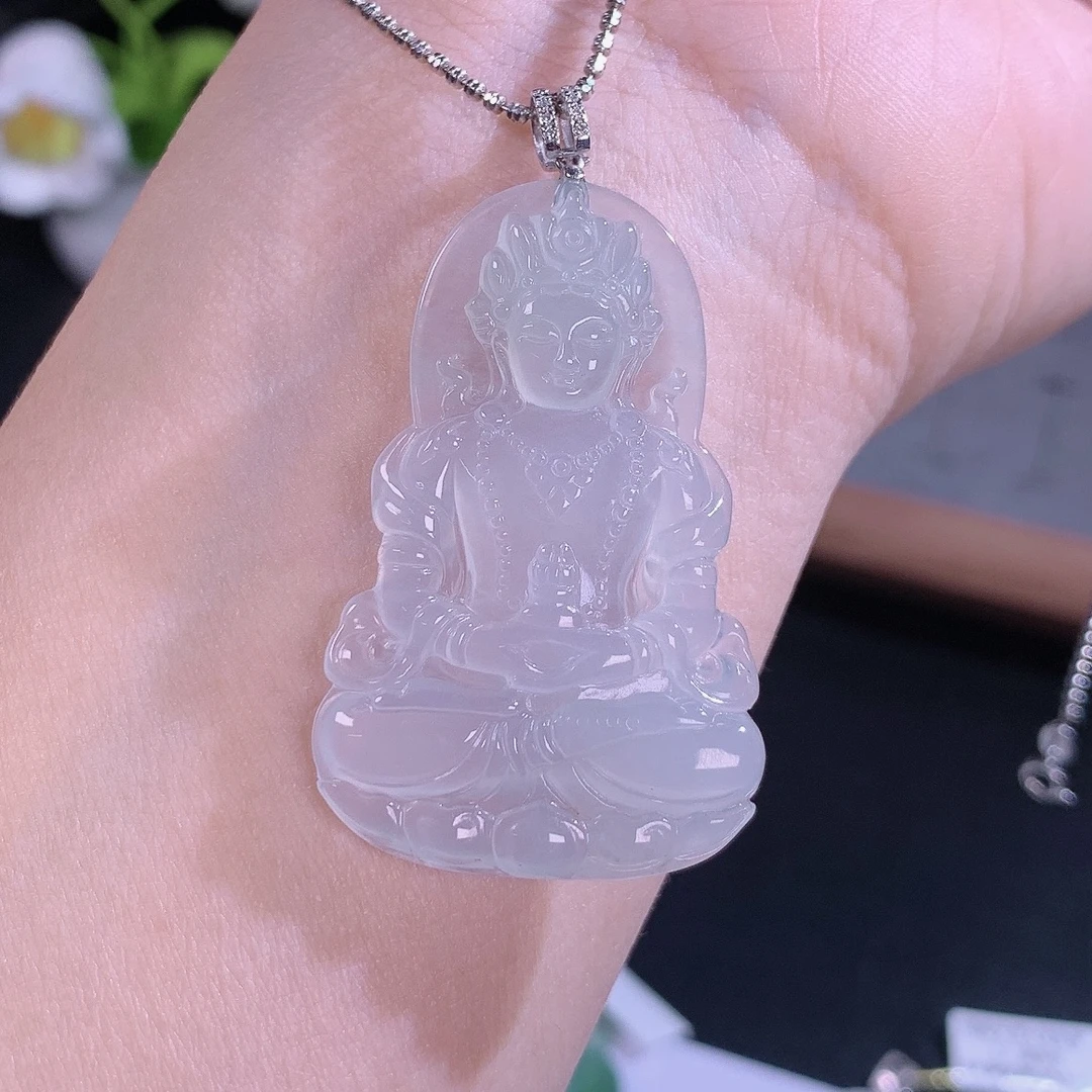 缅甸天然A货翡翠镶嵌18k金冰种老坑木那度母吊坠冰透46×29.5×4.6