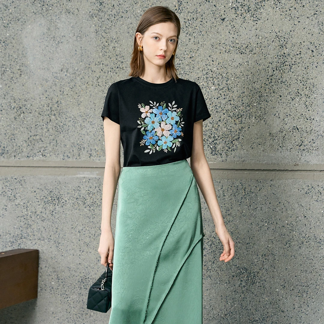 颜域复古印花短袖T恤女2025年早春新款修身显瘦圆领通勤52S250185