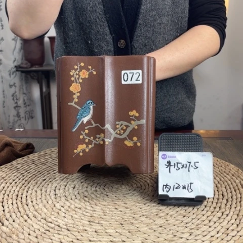 紫砂花盆紫泥菱花喜上眉梢手绘072