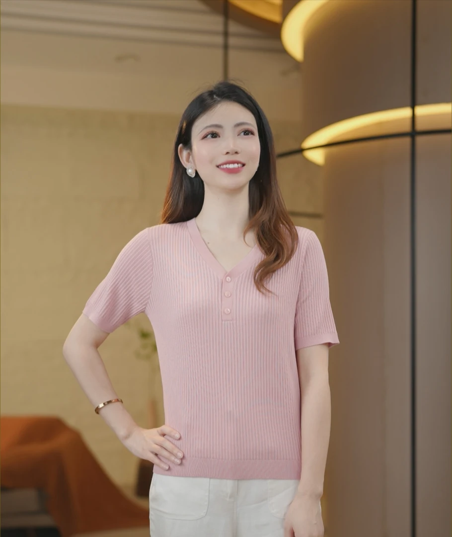 【天丝+桑蚕丝】凉爽~亲肤薄款宽松V领显瘦针织衫套头短袖上衣9177