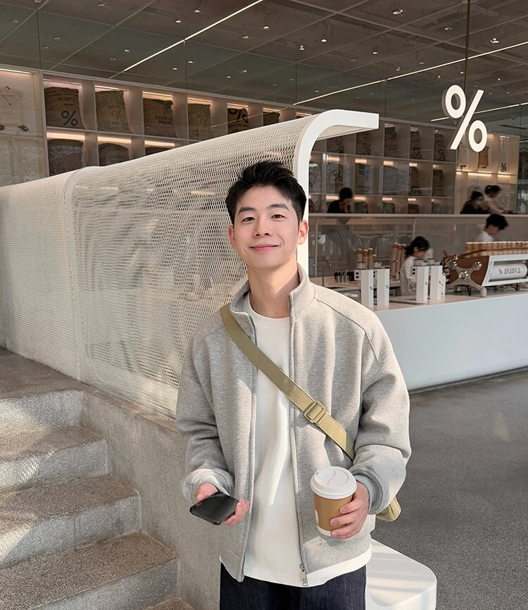 MO 25SS 春秋美式复古立领开衫拉链卫衣男春秋款灰色宽松休闲外套