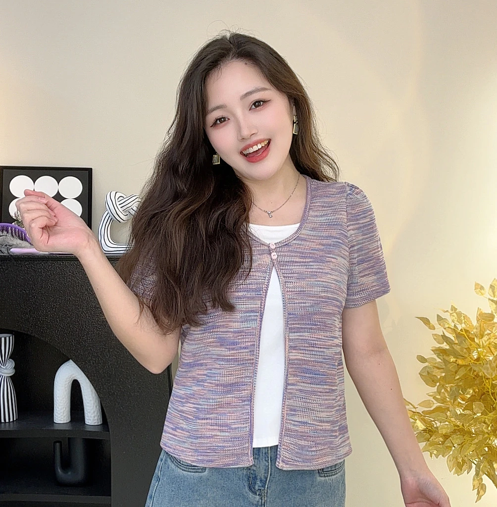 大码胖mm2025夏季新款气质甜美假两件显瘦T恤时尚纽扣百搭上衣