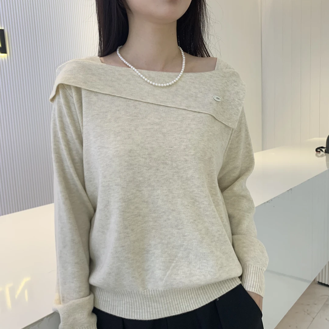 早秋新款时尚百搭一字领长袖羊毛针织衫女修身显瘦上衣潮TX037
