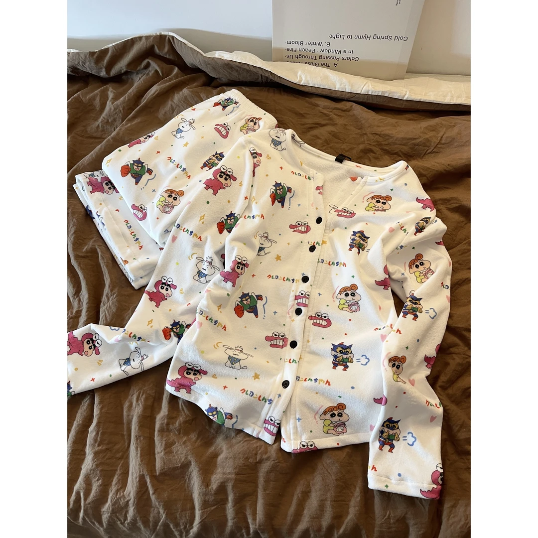 可爱蜡笔小新法兰绒秋冬季睡衣套装女款加厚加绒款冬天保暖家居服