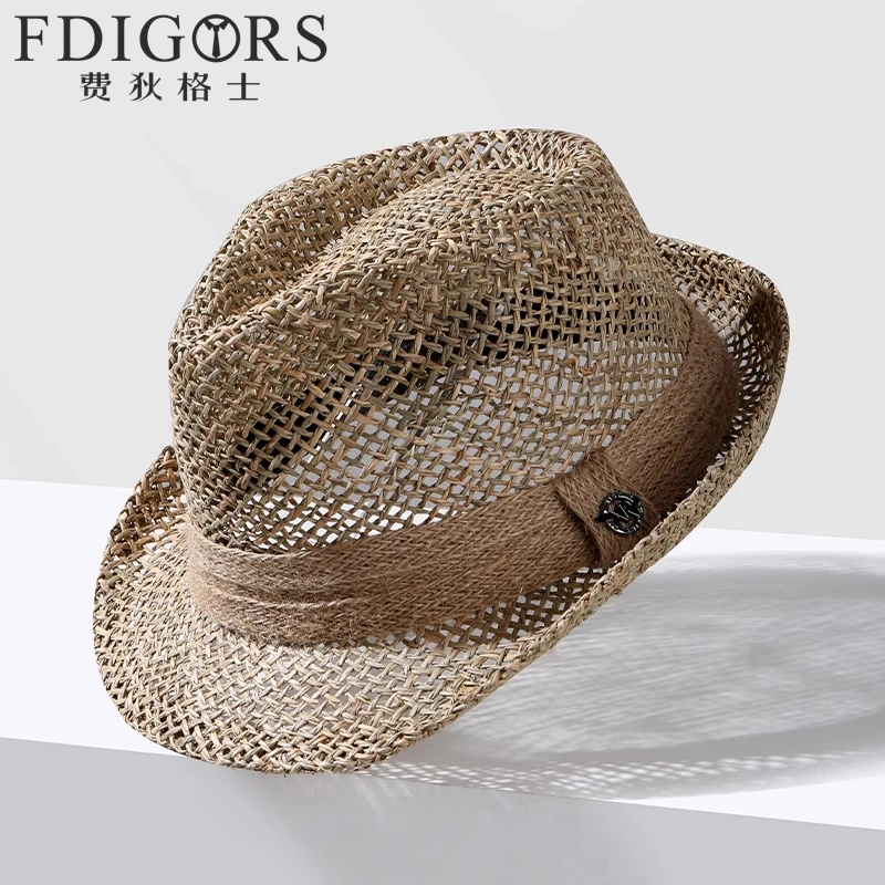 FDIGORS镂空草帽男款夏季高端英伦风草编小檐渔夫帽巴拿马礼帽