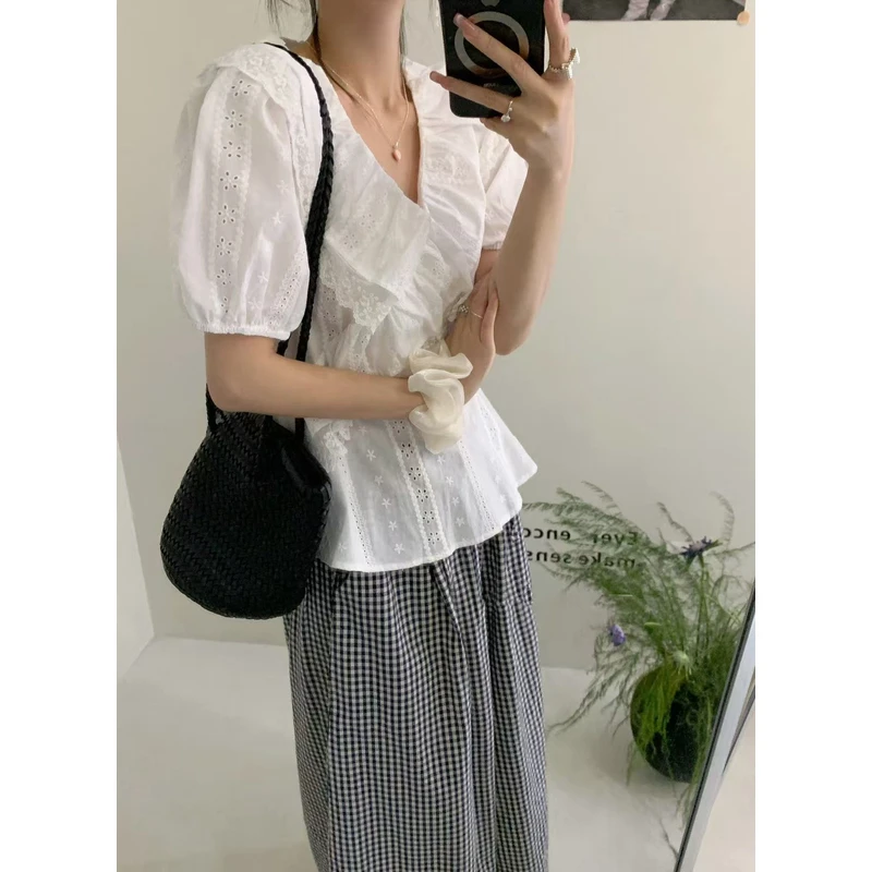 【NO退NO换】韩系重工精致蕾丝镂空小衫6871   衣长52