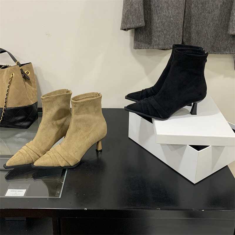 秋冬女式低筒瘦瘦靴高跟纯色耐磨绒面后拉链气质瘦瘦短靴有