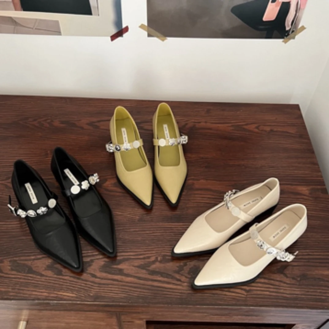 粗跟尖头玛丽珍鞋2025春夏新款百搭奶奶鞋韩版金属一字扣带单鞋女