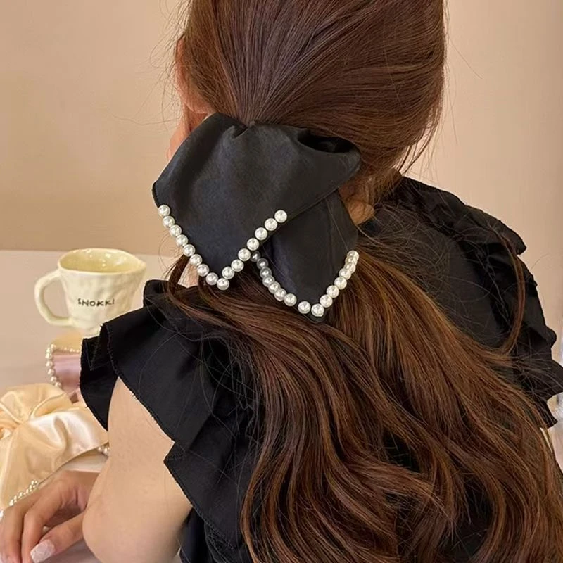 方巾发圈钉珠方巾法式缎面珍珠高级感发饰发圈春天发饰夏天缎面