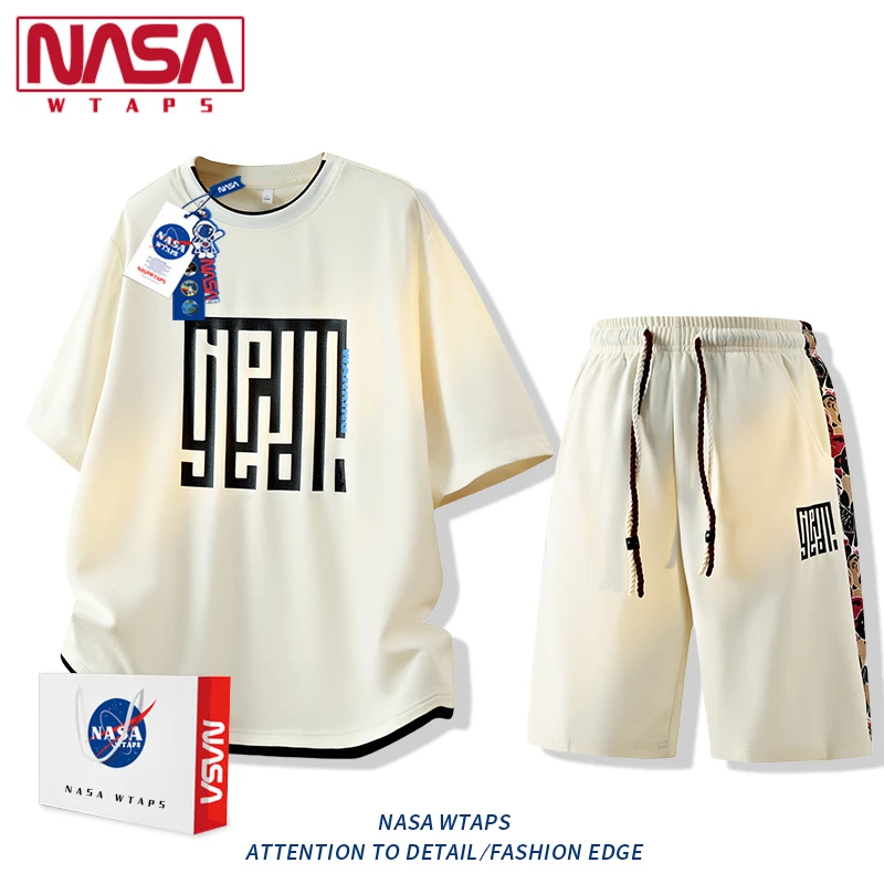 NASA WTAPS国风潮流短袖套装男士夏季冰丝薄款圆领T恤短裤两件套
