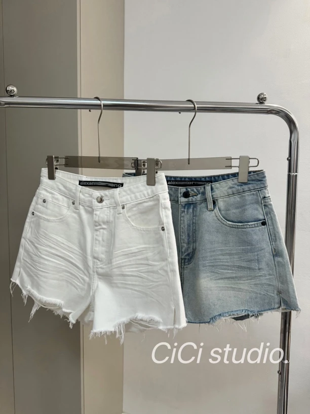 CiCi 夏季简约 毛边褶皱牛仔短裤