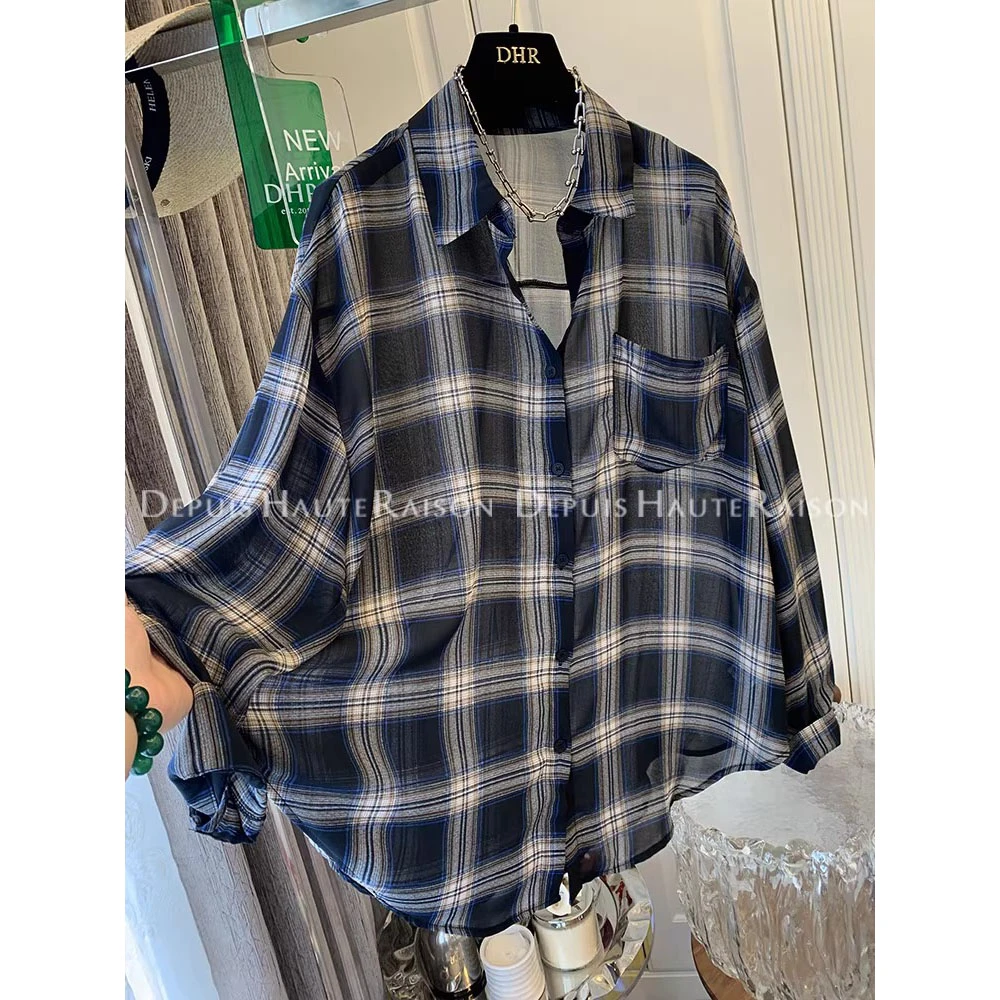 胖妹妹240斤大码复古格子长袖衬衫上衣防晒衫女夏高级感宽松穿搭